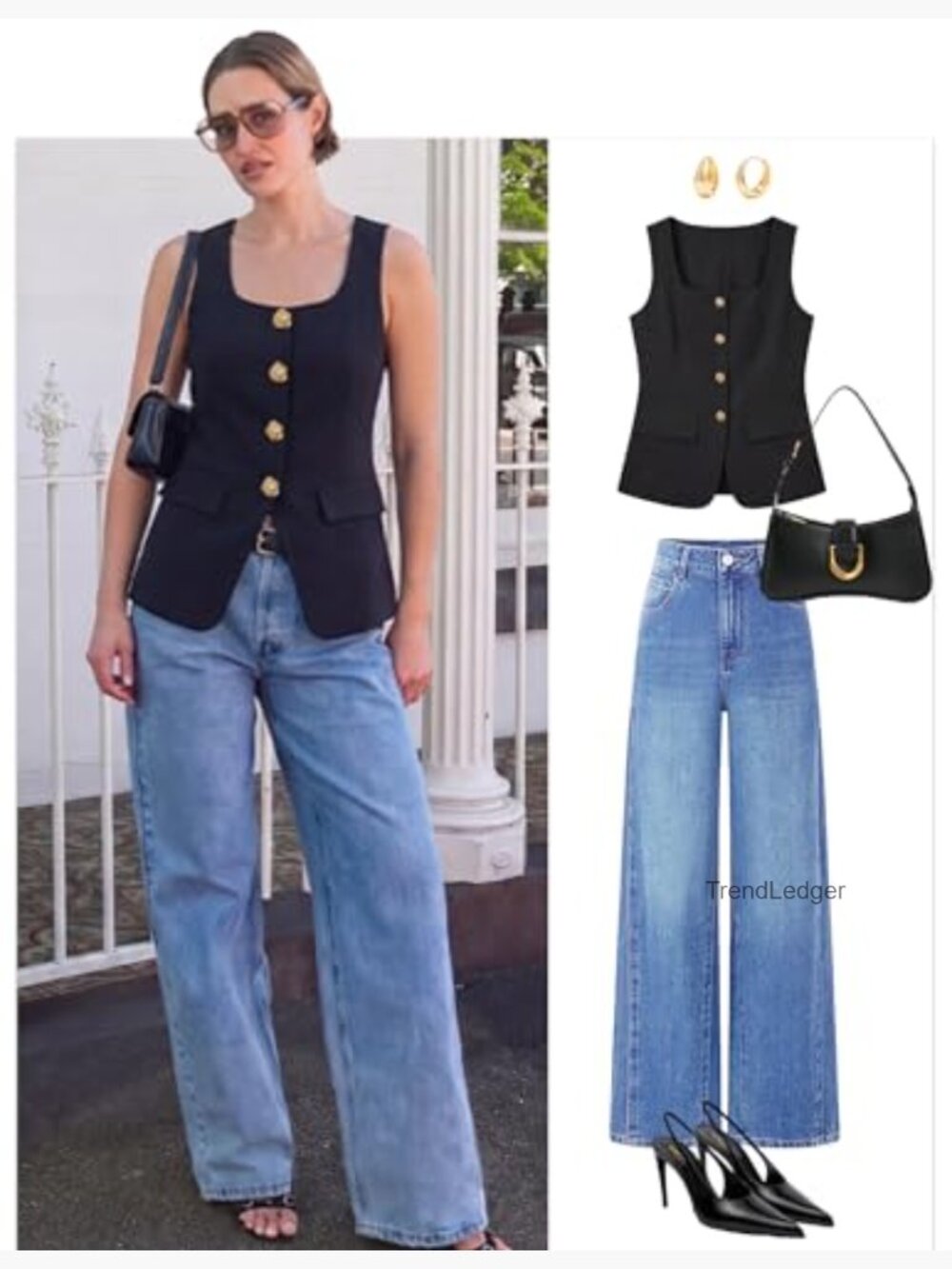 Square Neck Sleeveless Blazer Vest, Work Business Casual Waistcoat, Button Front - Picture 3 of 7